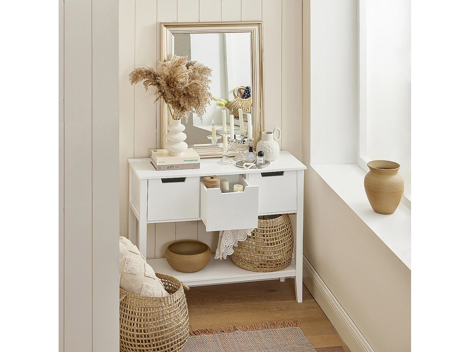 Table Console, Table d’Entrée, Bout de Canapé avec 3 tiroirs et 1 étagère, FSB51-W