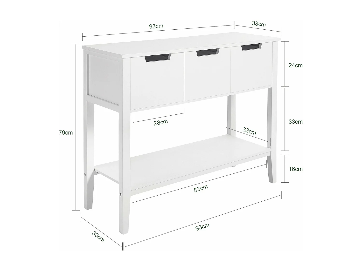 Table Console, Table d’Entrée, Bout de Canapé avec 3 tiroirs et 1 étagère, FSB51-W