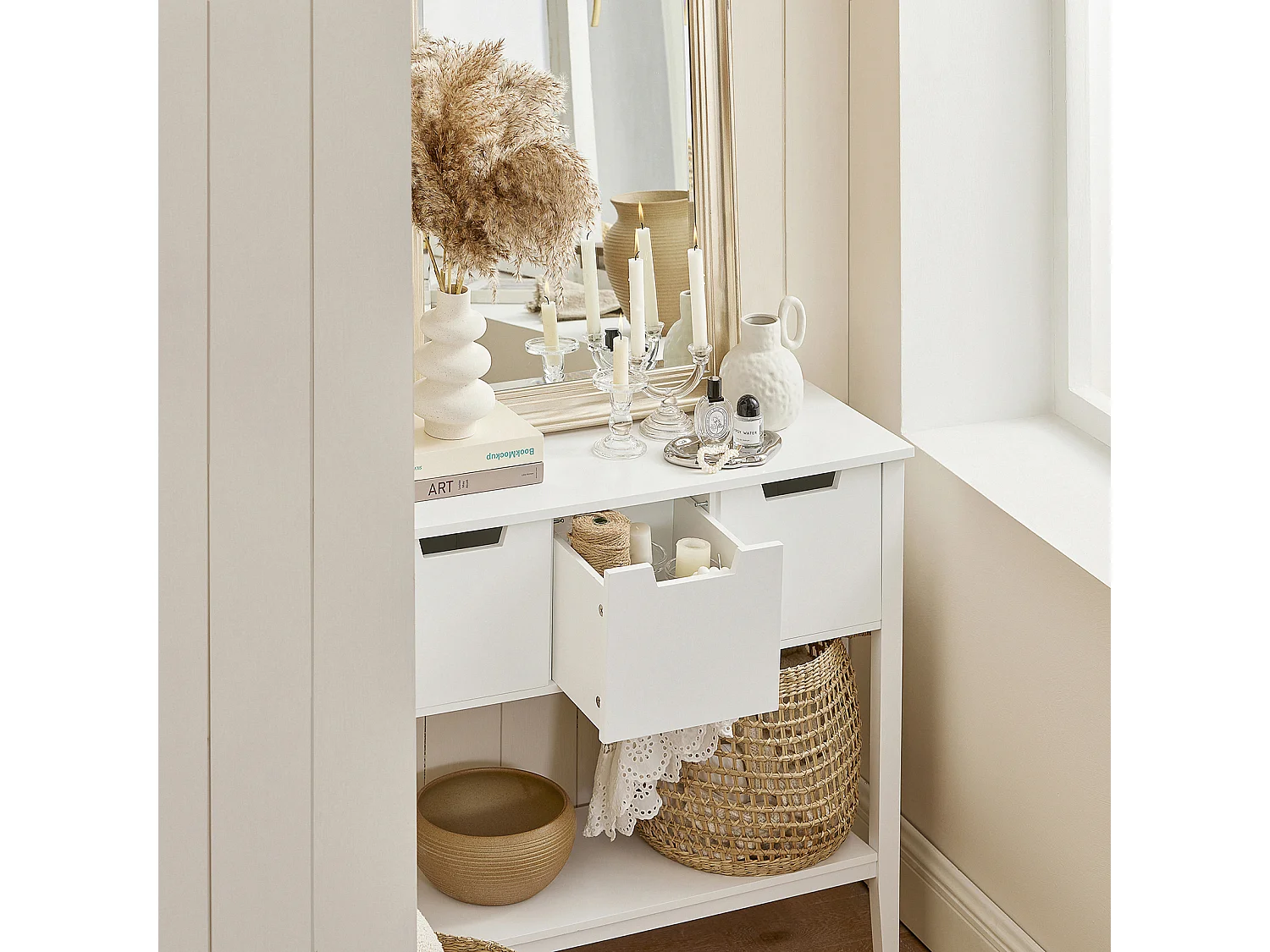 Table Console, Table d’Entrée, Bout de Canapé avec 3 tiroirs et 1 étagère, FSB51-W