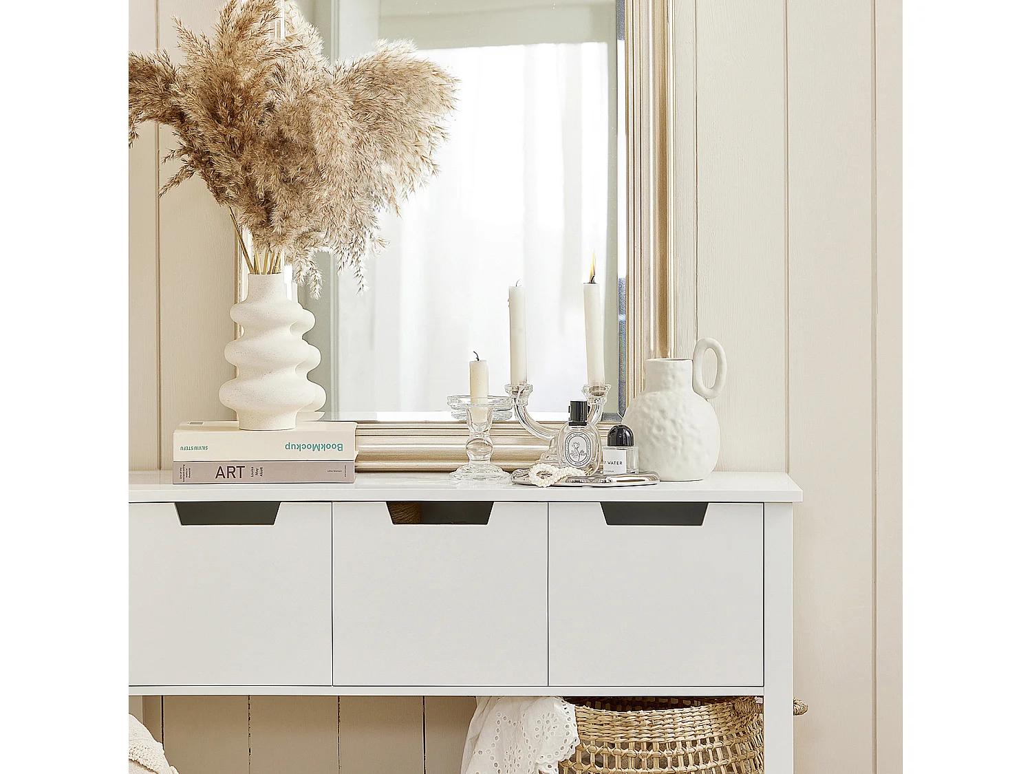 Table Console, Table d’Entrée, Bout de Canapé avec 3 tiroirs et 1 étagère, FSB51-W