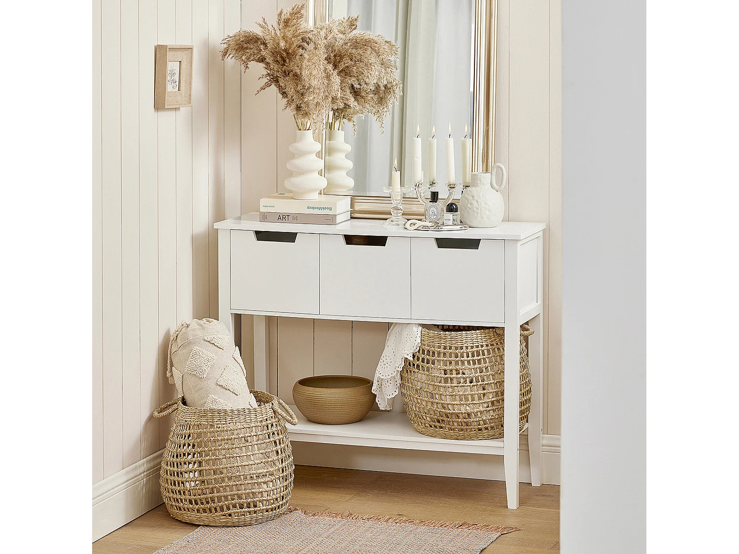 Table Console, Table d’Entrée, Bout de Canapé avec 3 tiroirs et 1 étagère, FSB51-W