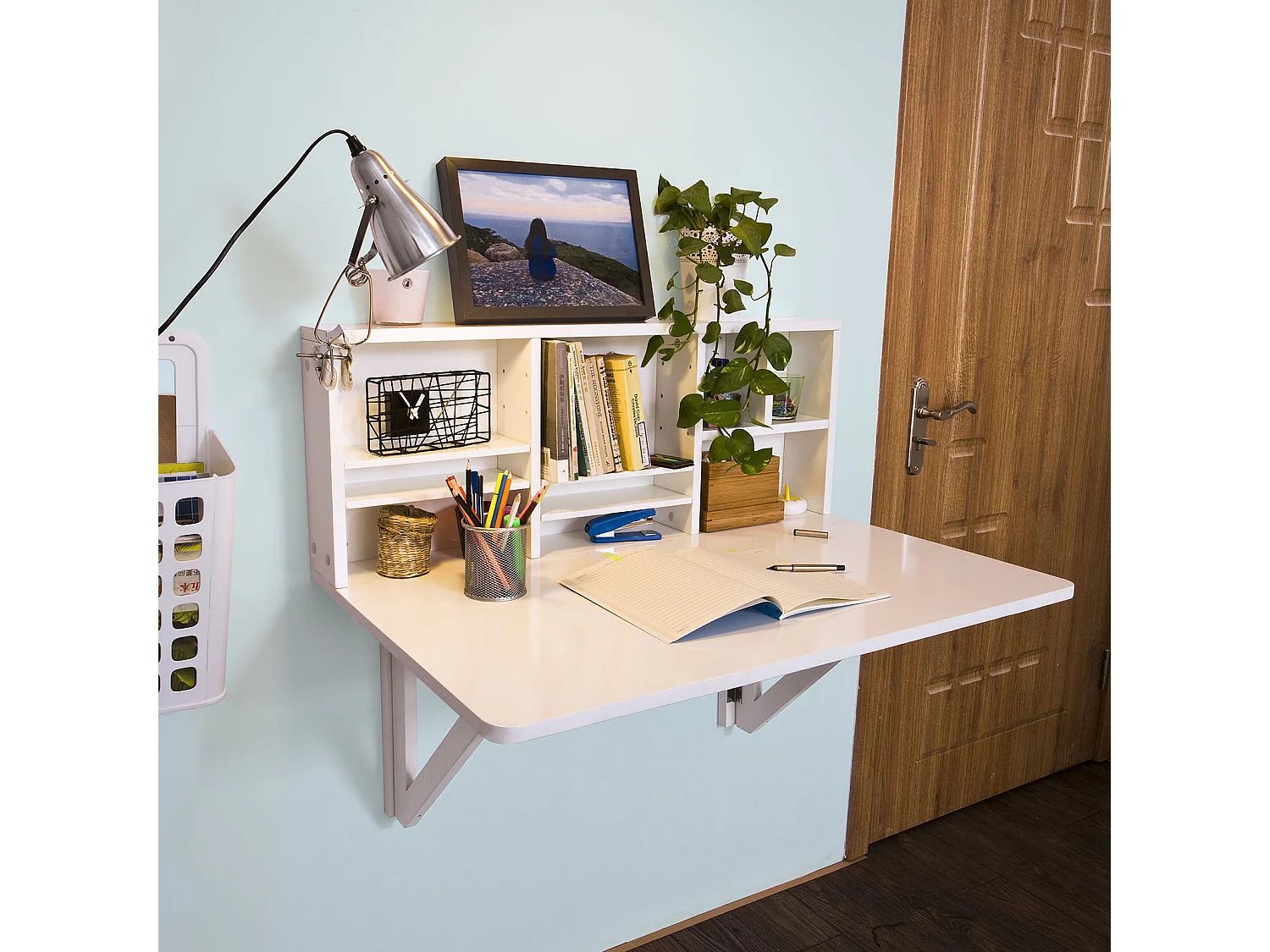 Bureau Table murale rabattable avec Armoire murale intégrée, Table cuisine pliable, FWT07-W