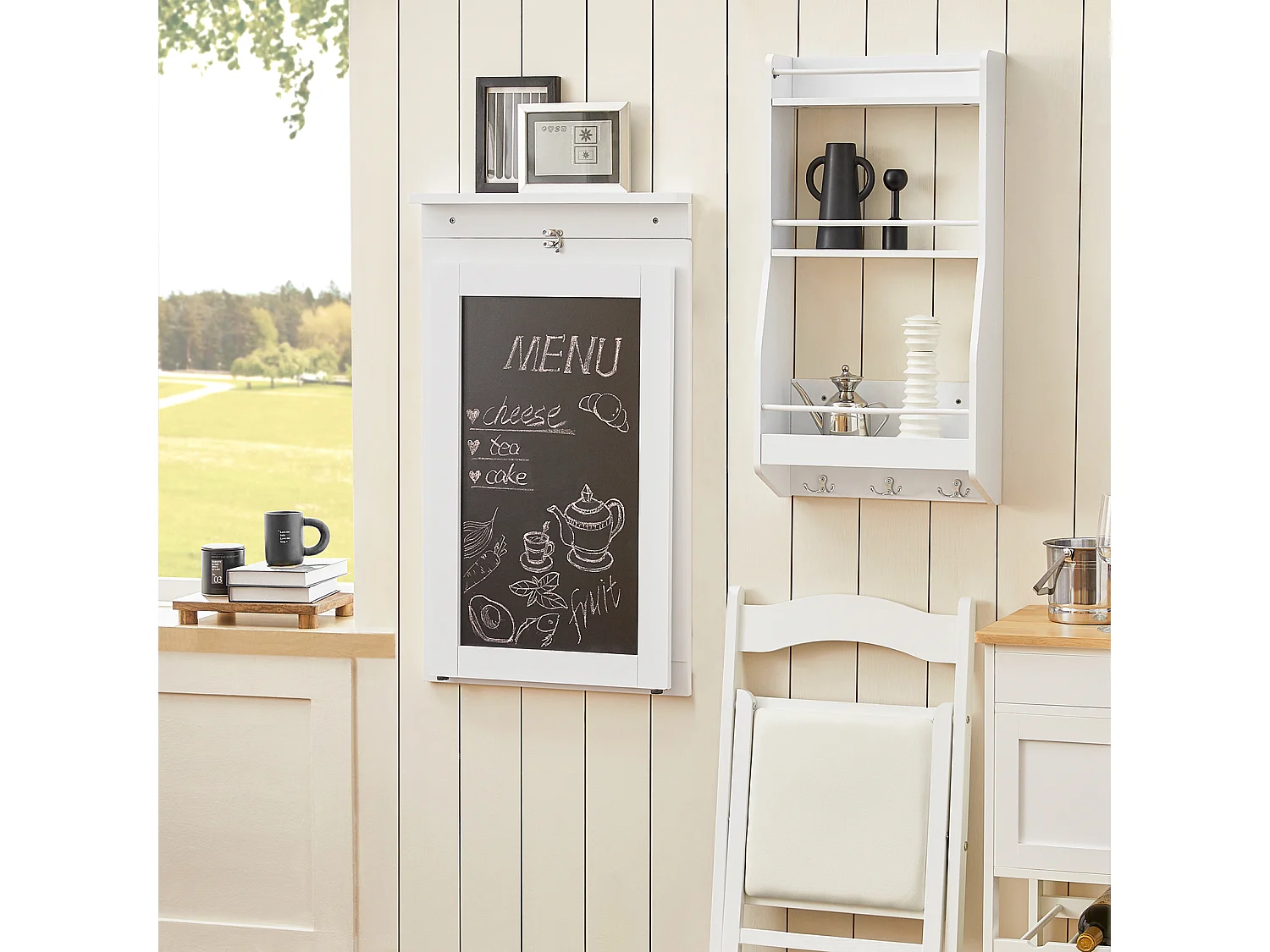 SoBuy FWT20-W Vouwbaar Wandbureau Opvouwbare Wandtafel in wit met Schoolbord Klaptafel