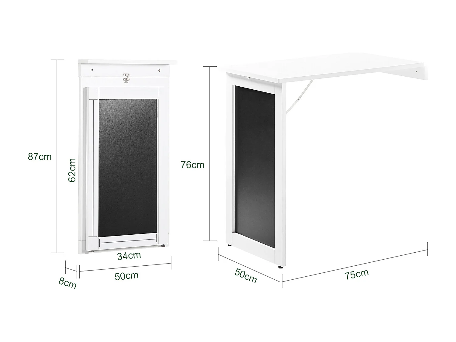 SoBuy FWT20-W Vouwbaar Wandbureau Opvouwbare Wandtafel in wit met Schoolbord Klaptafel