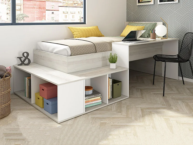 Lit combiné 90 x 200 cm avec rangements et bureau - Coloris : Naturel et Blanc - RIGALI