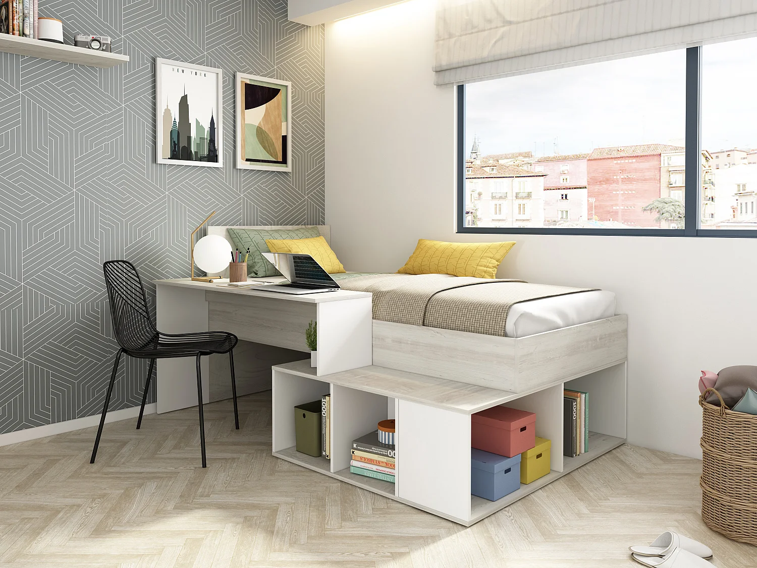 Cama combinada 90 x 200 cm con almacenamiento y escritorio - Color: Natural y Blanco - RIGALI