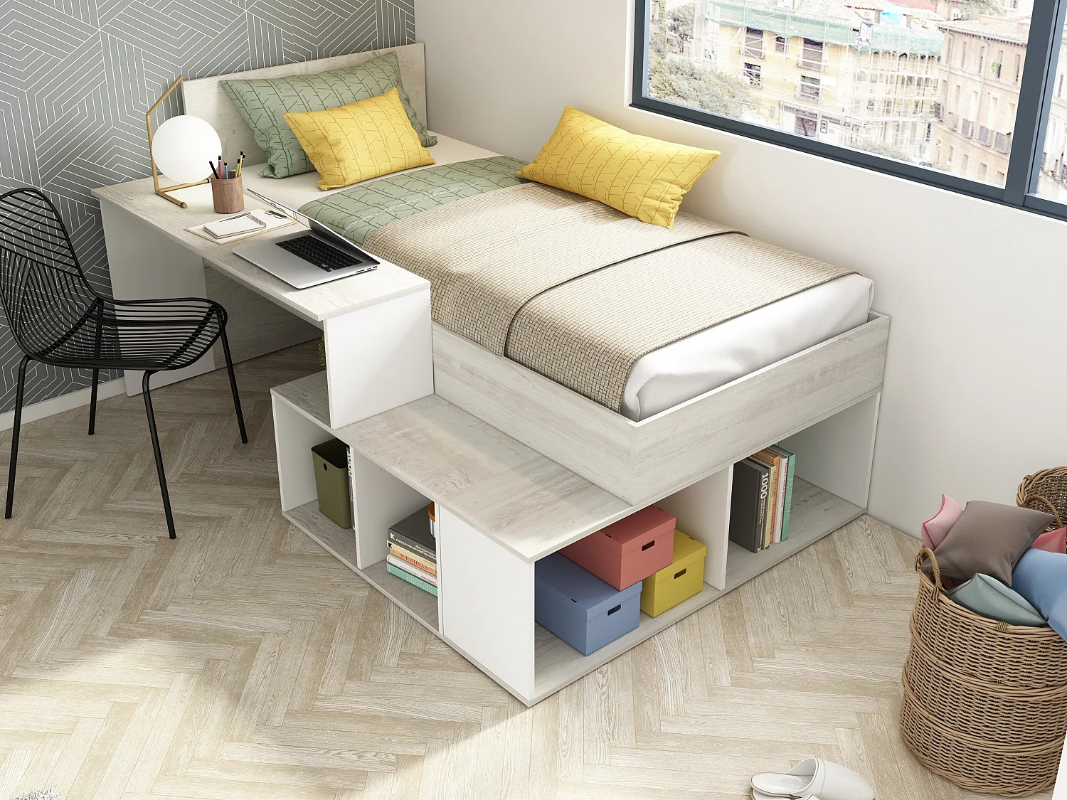 Kombi-Bett mit Stauraum und Schreibtisch - 90 x 200 cm - Naturfarbe und Weiß - RIGALI