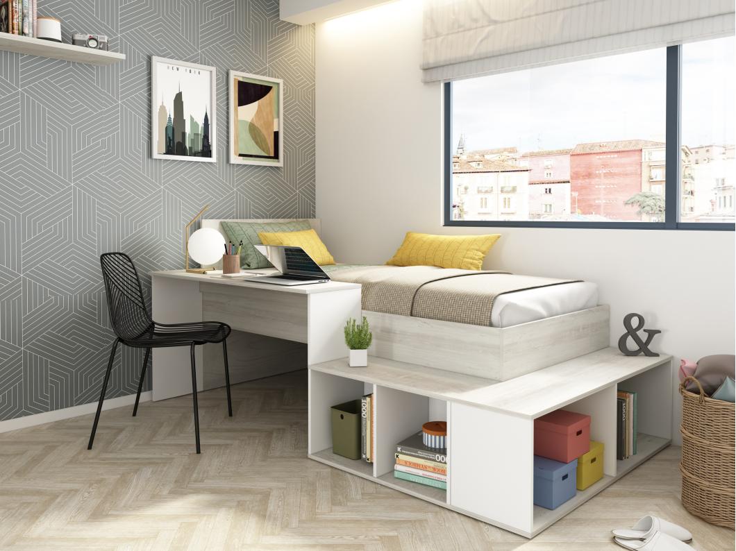 Lit combiné 90 x 200 cm avec rangements et bureau - Coloris : Naturel et Blanc - RIGALI