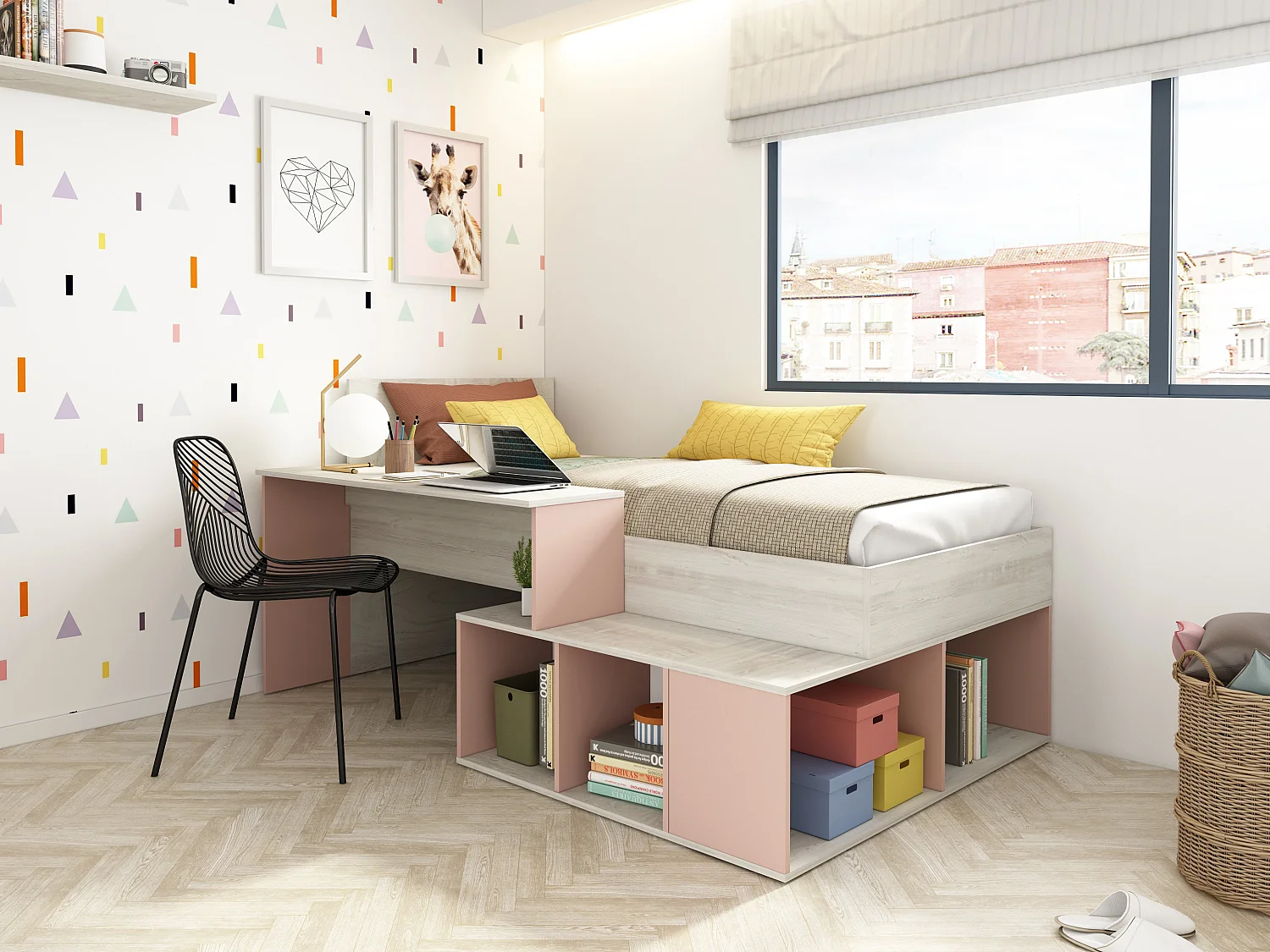 Cama 90 x 200 cm con compartimentos y escritorio - Color: natural y Rosa - RIGALI