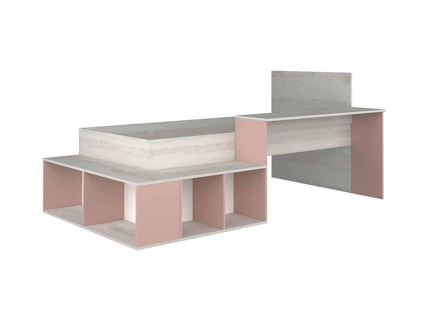 Cama 90 x 200 cm con compartimentos y escritorio - Color: natural y Rosa - RIGALI