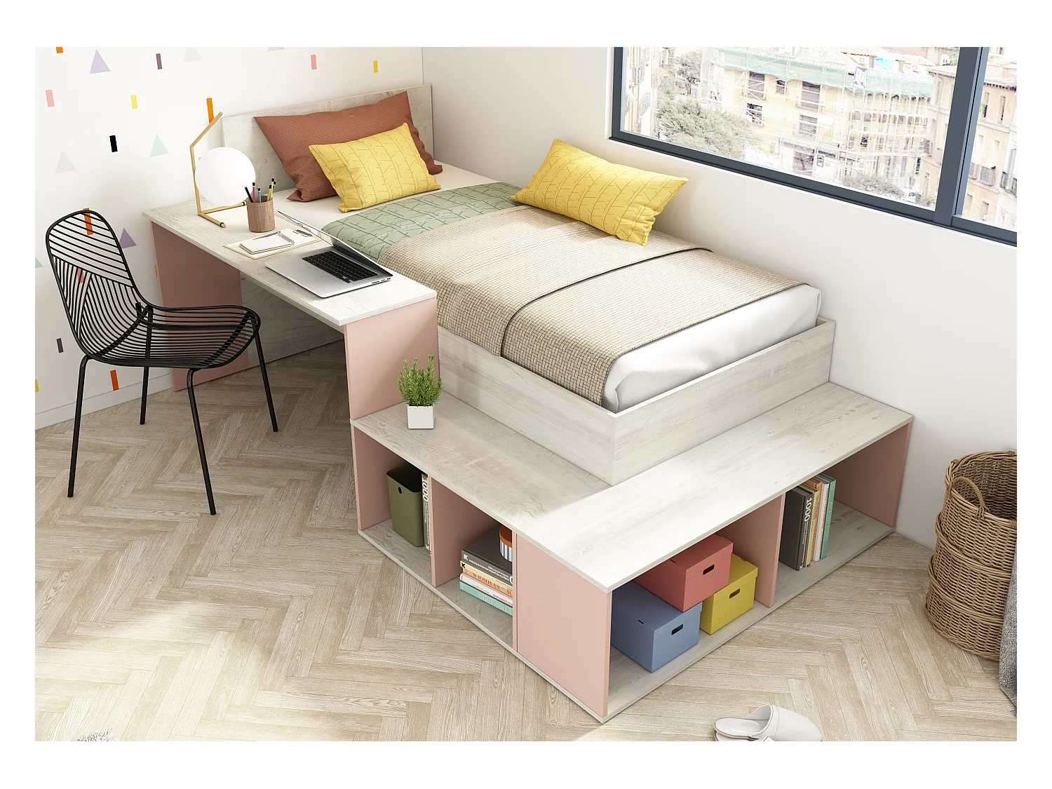 Cama 90 x 200 cm con compartimentos y escritorio - Color: natural y Rosa - RIGALI