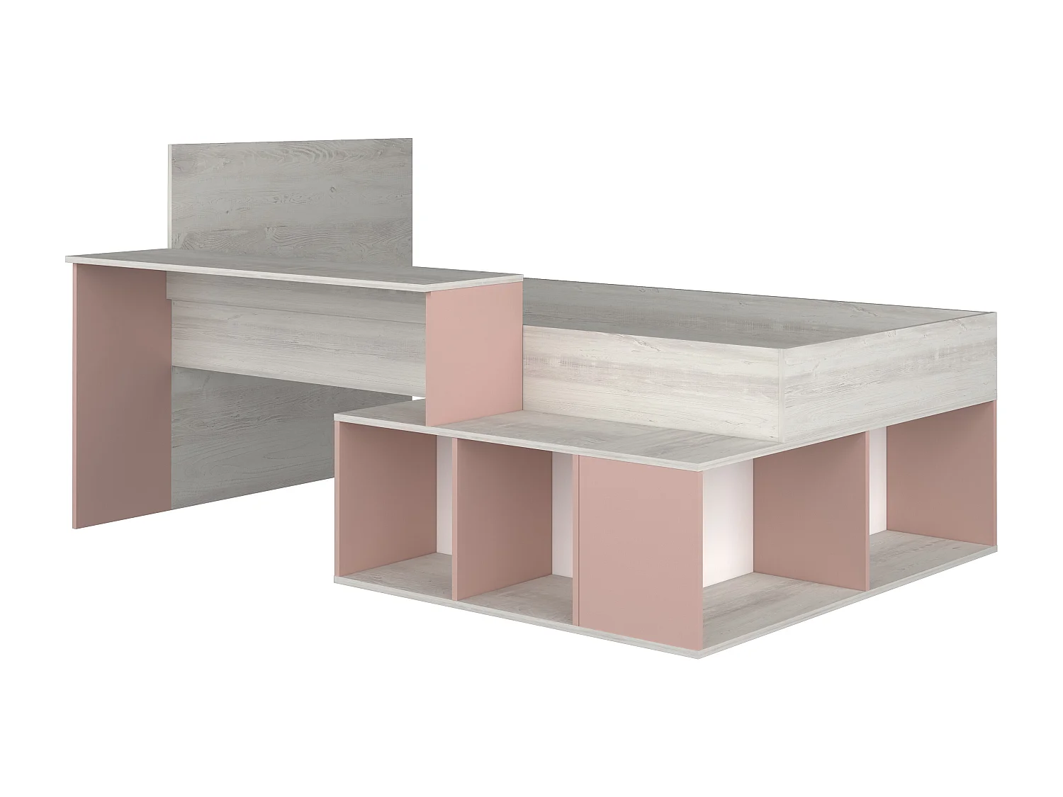 Cama combinada 90 x 200 cm com arrumação e secretária cor natural e cor-de-rosa - RIGALI