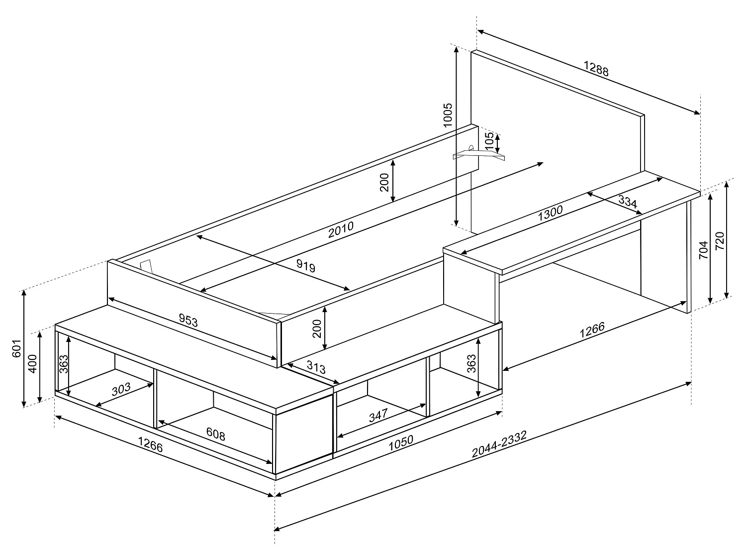 Cama combinada 90 x 200 cm com arrumação e secretária cor natural e cor-de-rosa - RIGALI