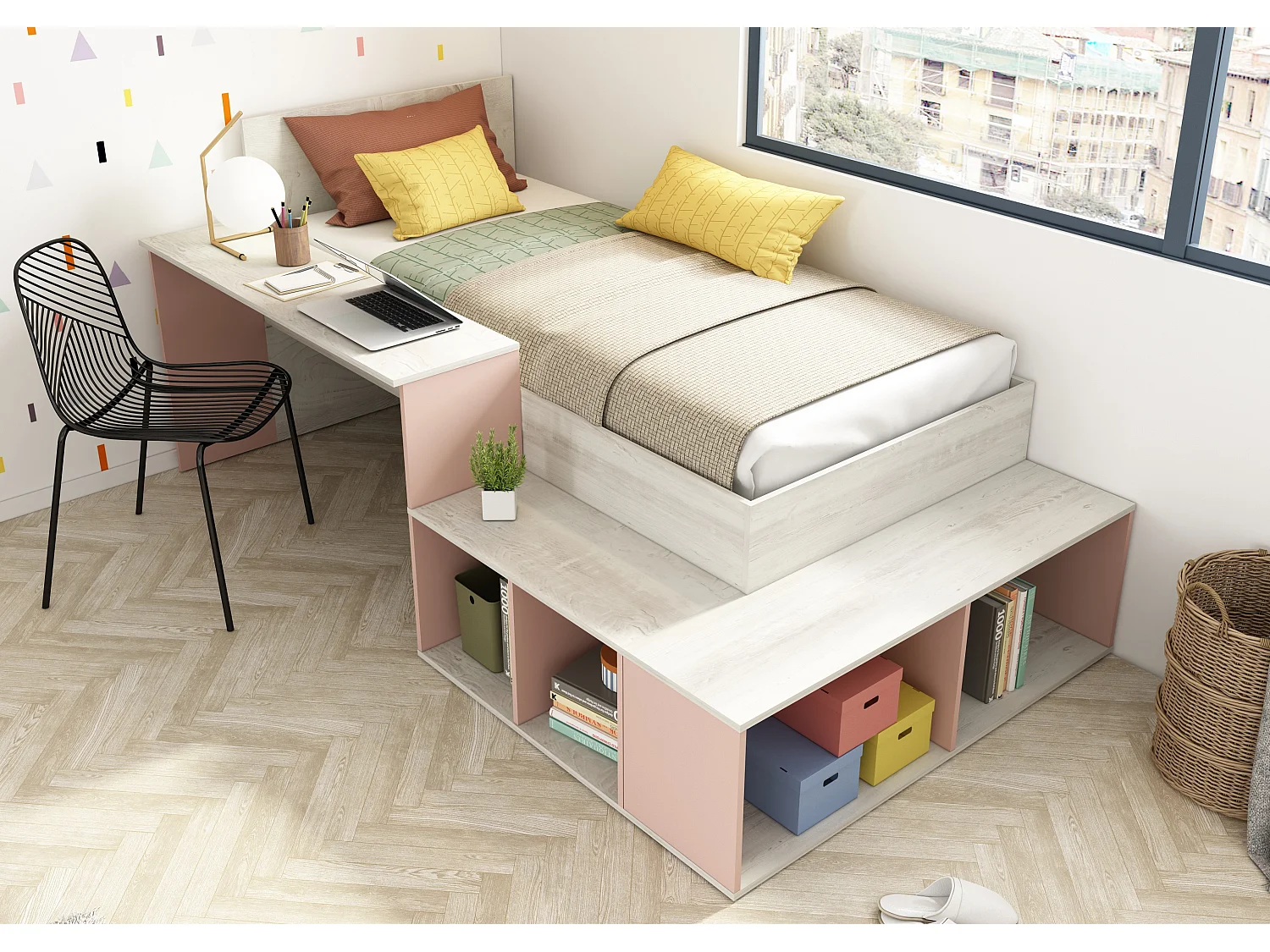 Cama combinada 90 x 200 cm com arrumação e secretária cor natural e cor-de-rosa - RIGALI