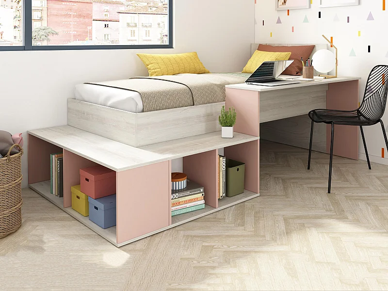 Lit combiné 90 x 200 cm avec rangements et bureau - Coloris : Naturel et Rose - RIGALI