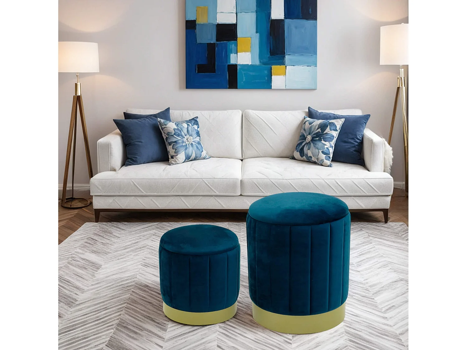 Lot de 2 Tabourets Pouf avec Rangement Bleu pour Salon