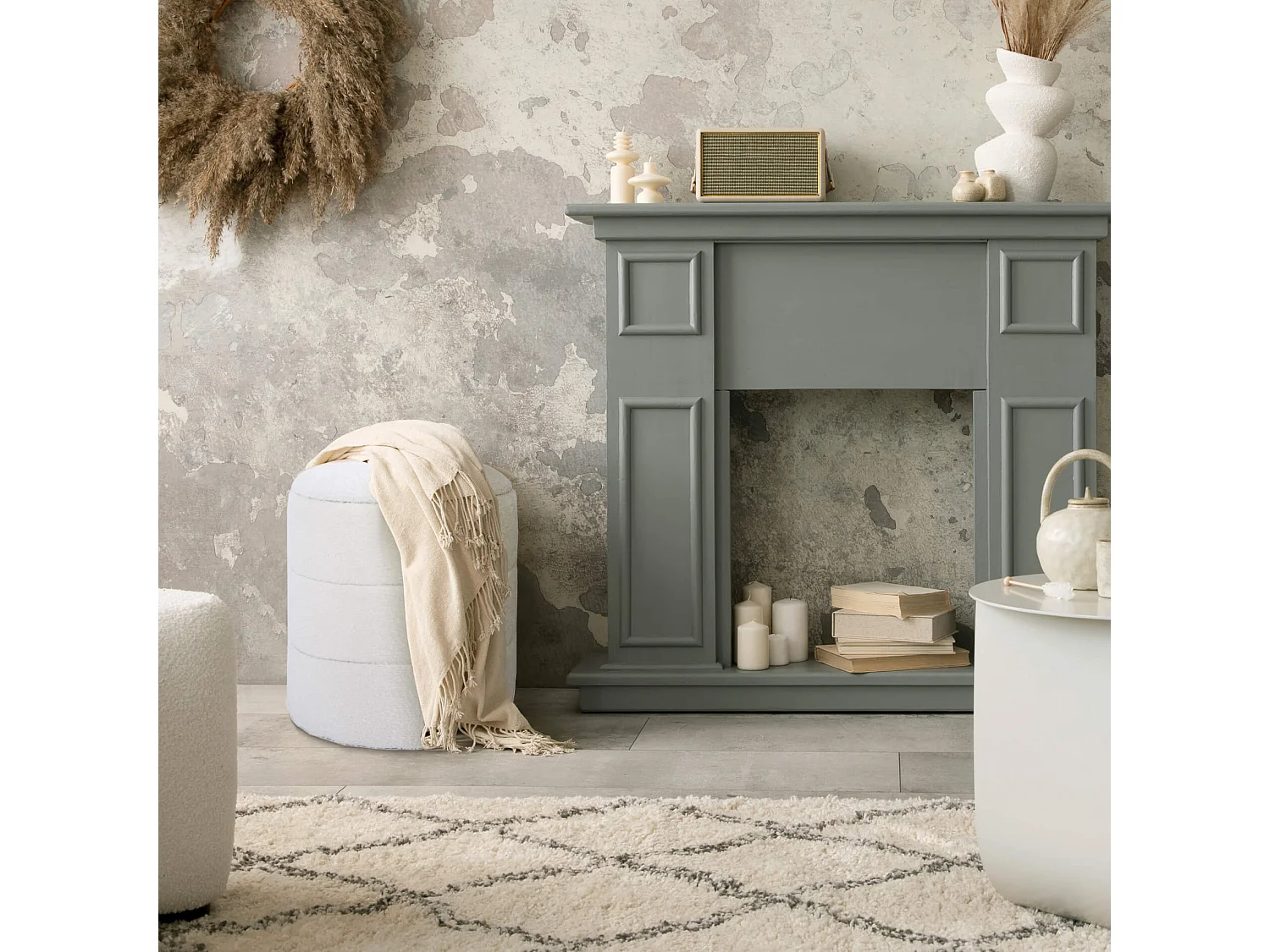 Pouf Rangement Tabouret Rond Tapissé Blanc pour Salon Salle de Bain