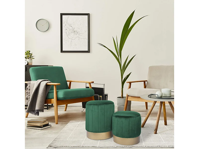 Set 2 Pouf Velluto Puff Contenitori Verde Sgabelli Imbottiti