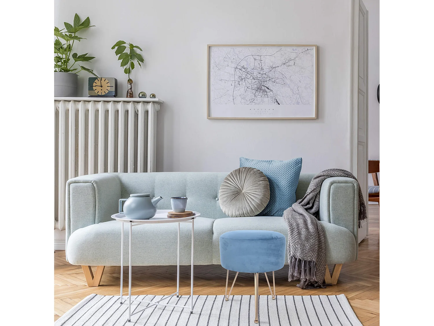 Tabouret Rembourré Pouf en Velours Bleu pour Salon Chambre à Coucher