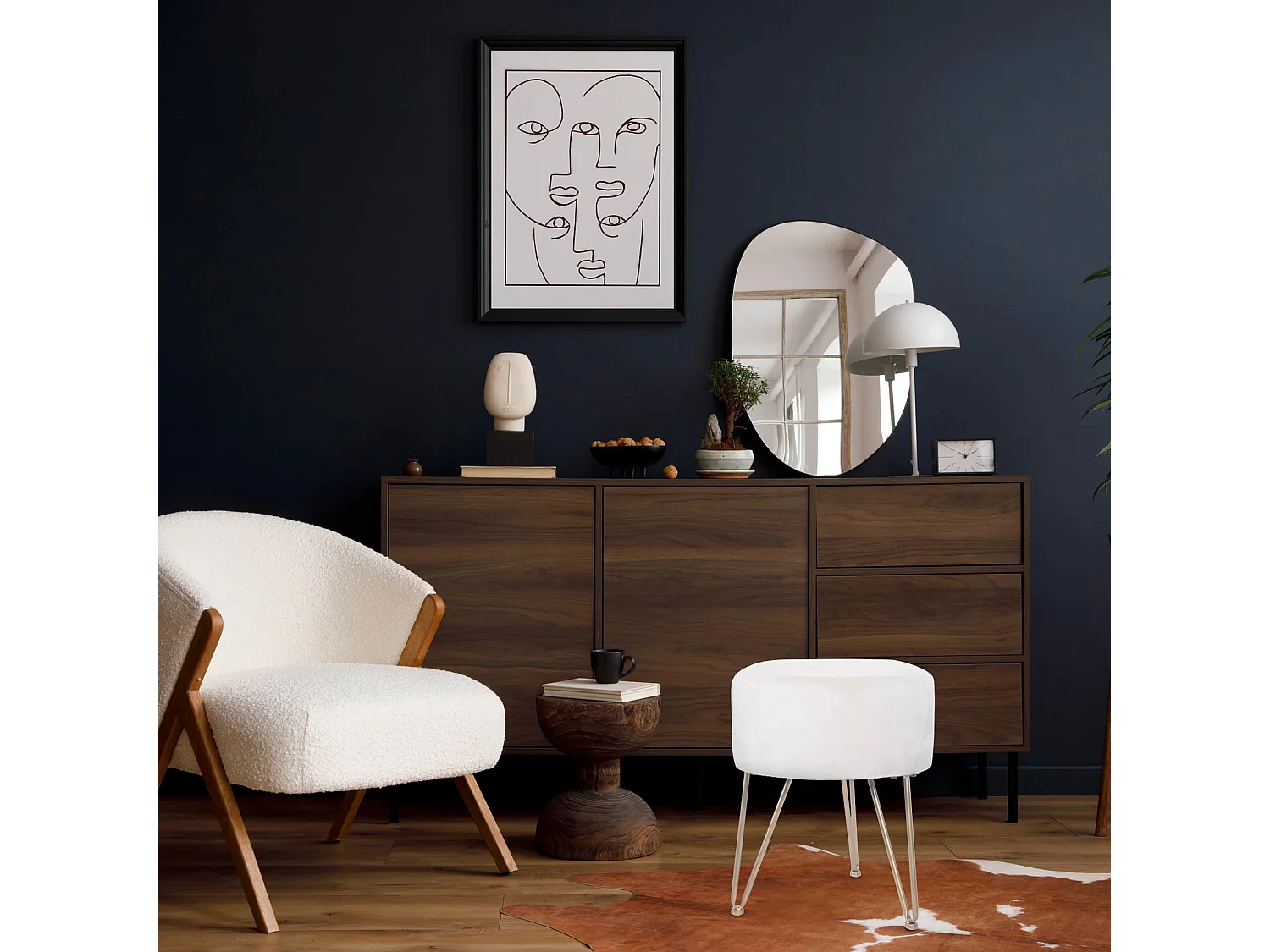 Tabouret en Velours Puff Rembourré Beige avec Support en Fer