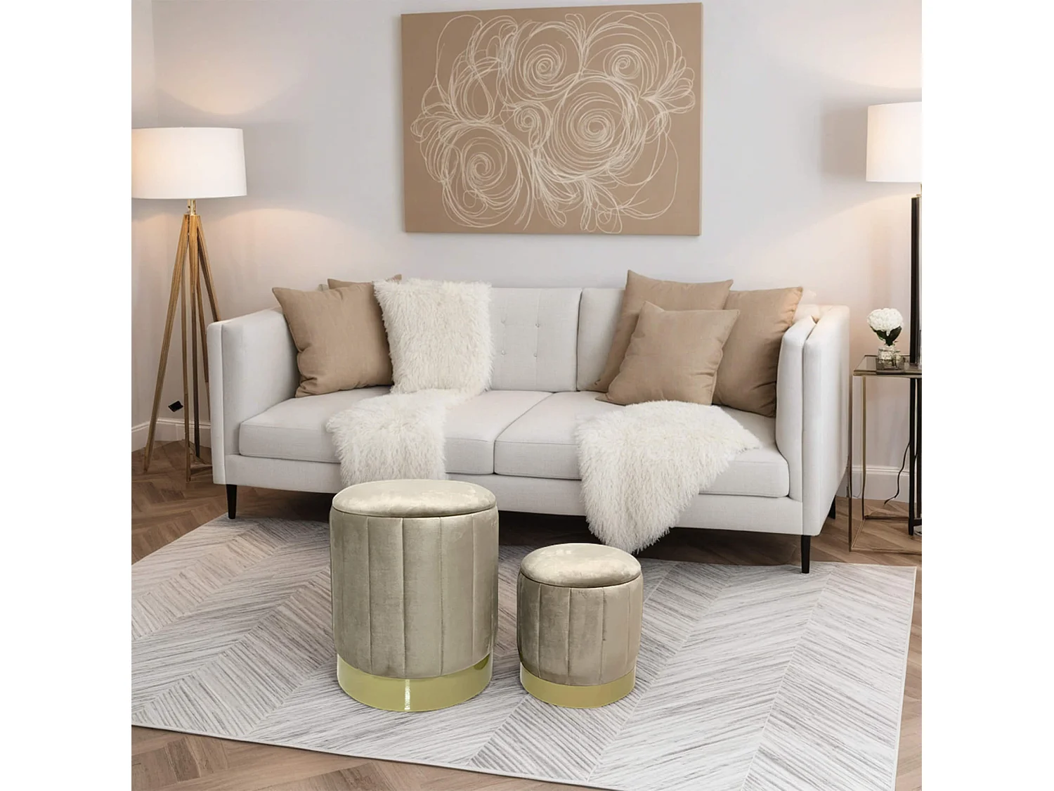 Set 2 Pouf Contenitori Velluto Sgabello Beige con Base in Ferro