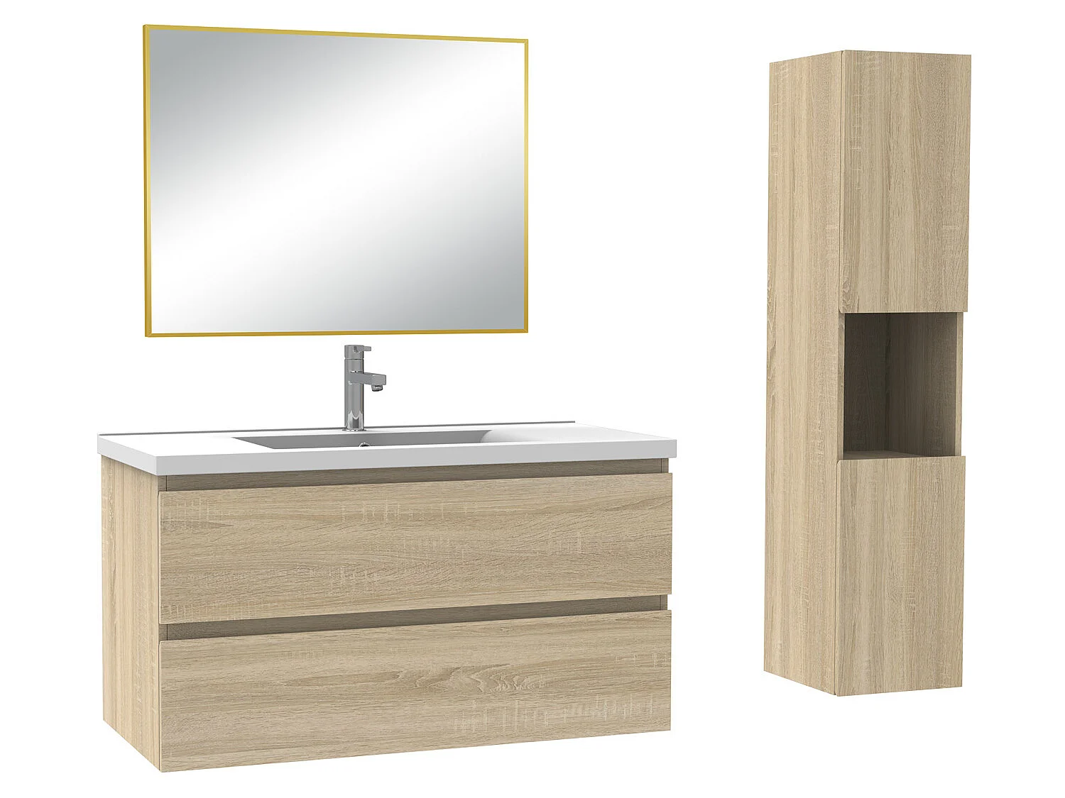 Ensemble Salle De Bain 100cm Chêne Wotan meuble + miroir + colonne + vasque-Aica