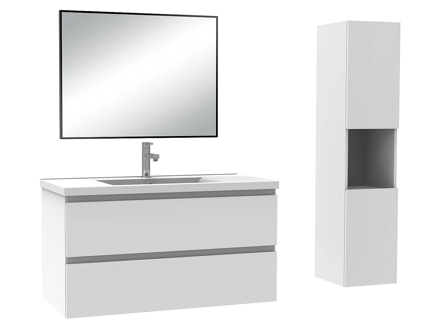 Ensemble Salle De Bain 100cm Blanc meuble + miroir + colonne + vasque-Aica