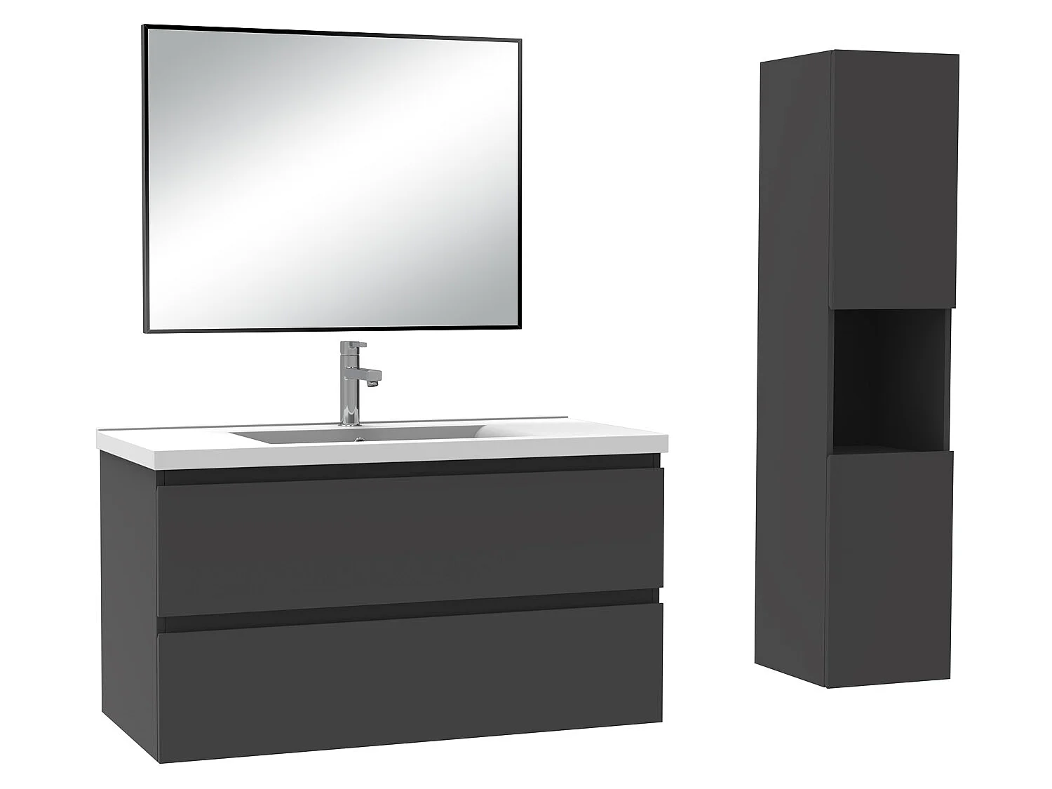 Ensemble Salle De Bain 100cm Anthracite meuble + miroir + colonne + vasque-Aica