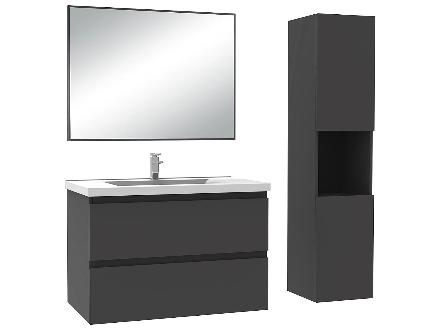 Ensemble Salle De Bain 80cm Anthracite meuble + miroir + colonne + vasque-Aica