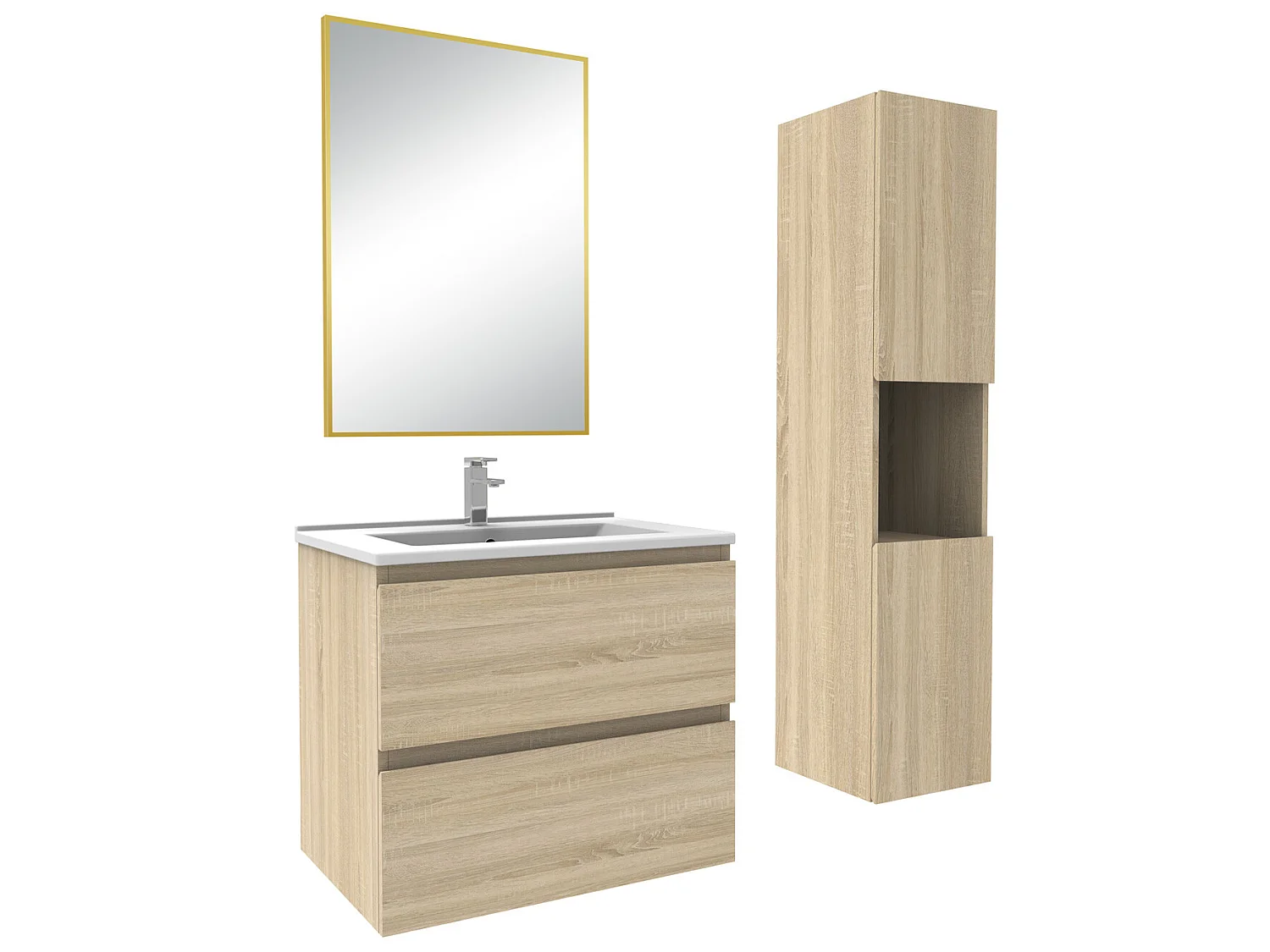 Ensemble Salle De Bain 60cm Chêne Wotan meuble + miroir + colonne + vasque-Aica
