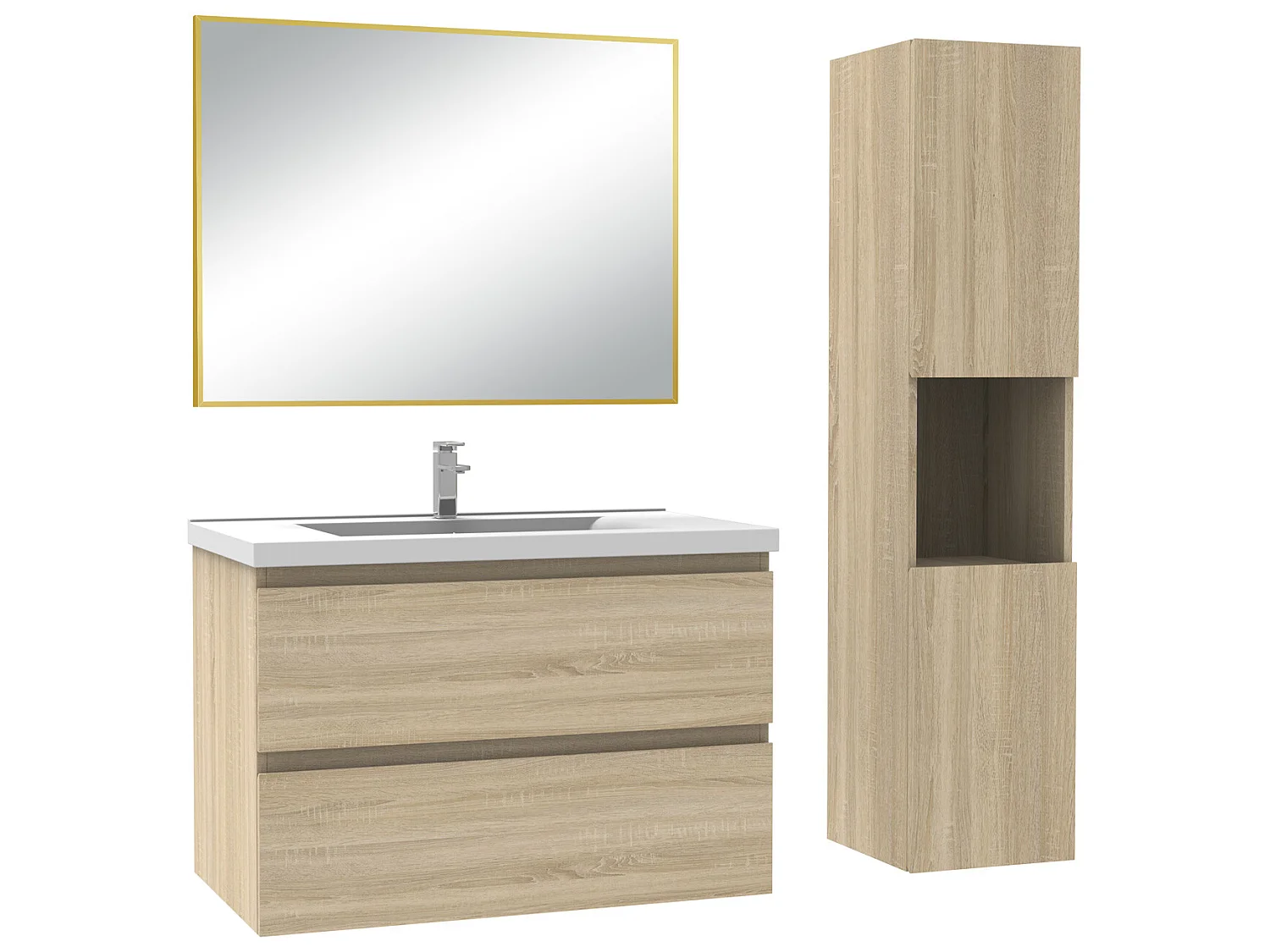 Ensemble Salle De Bain 80cm Chêne Wotan meuble + miroir + colonne + vasque-Aica