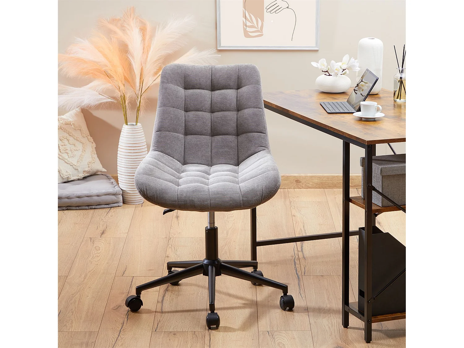 Chaise de bureau VASILO fauteuil en velours côtelé gris avec piétement en métal laqué noir