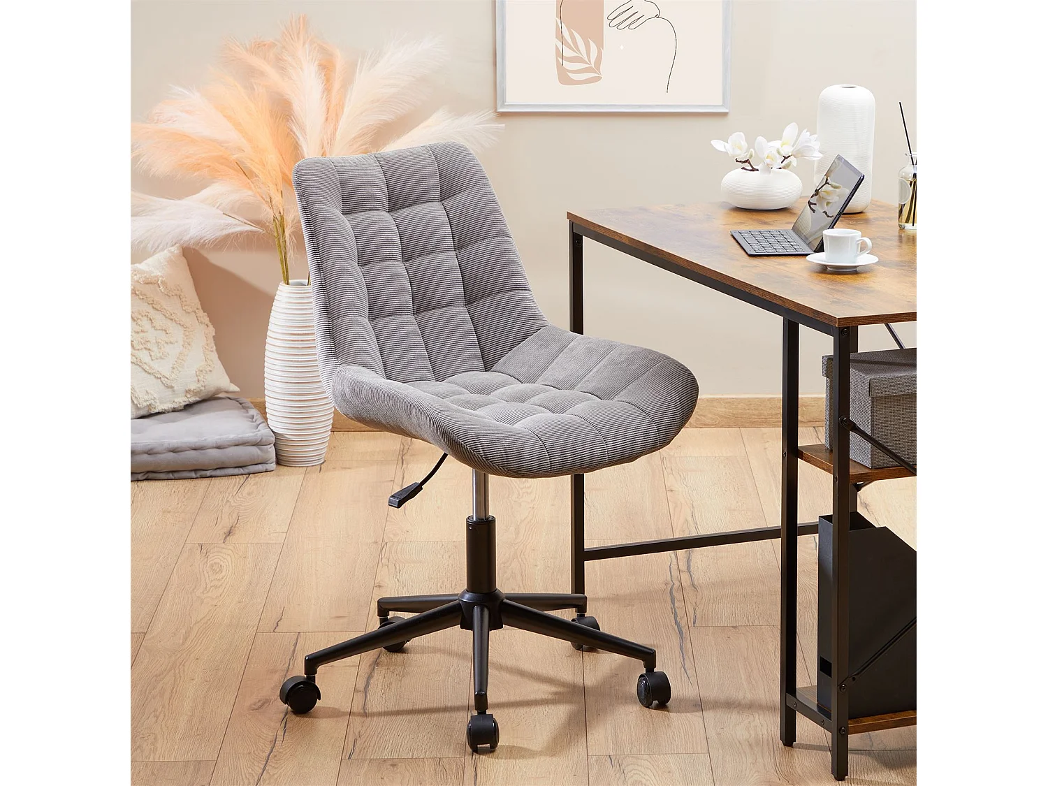 Chaise de bureau VASILO fauteuil en velours côtelé gris avec piétement en métal laqué noir