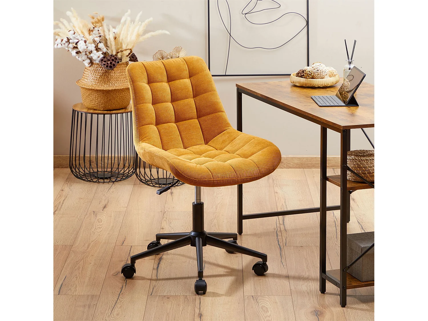 Chaise de bureau VASILO fauteuil en velours côtelé jaune moutarde avec piétement en métal laqué noir