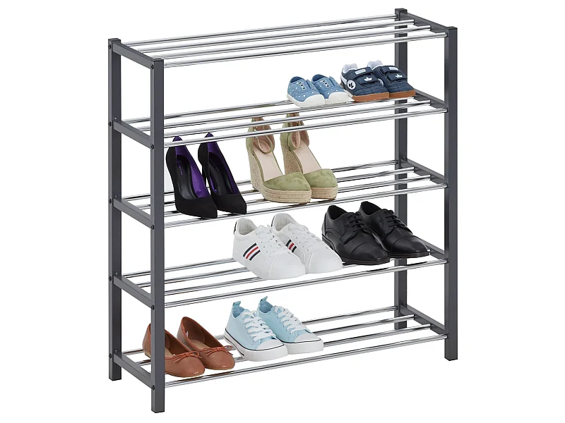 Etagère à chaussures DUBLIN rangement porte-chaussures avec 5 niveaux pour 20 paires en métal chromé et laqué gris