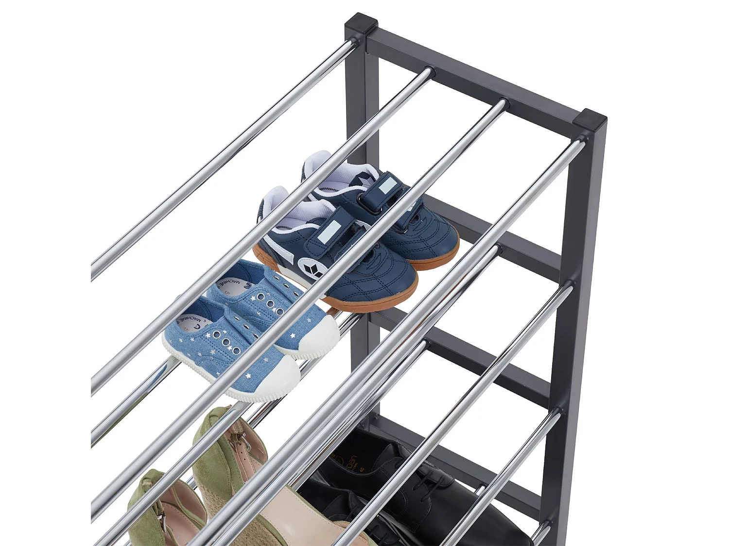 Etagère à chaussures DUBLIN rangement porte-chaussures avec 5 niveaux pour 20 paires en métal chromé et laqué gris