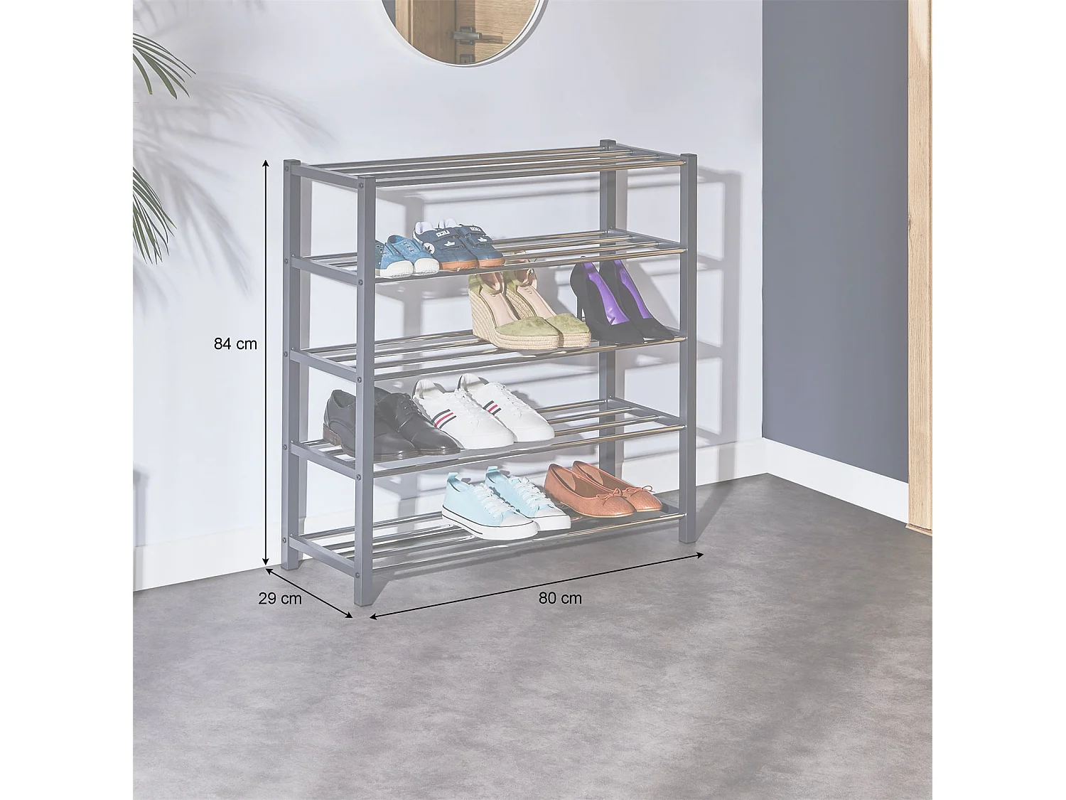 Etagère à chaussures DUBLIN rangement porte-chaussures avec 5 niveaux pour 20 paires en métal chromé et laqué gris