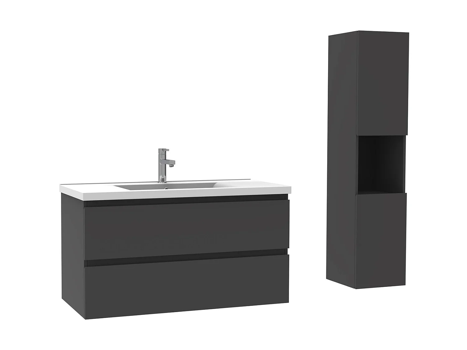 Ensemble Salle De Bain 100cm Anthracite meuble avec colonne vasque ceramique blanche 3 Éléments