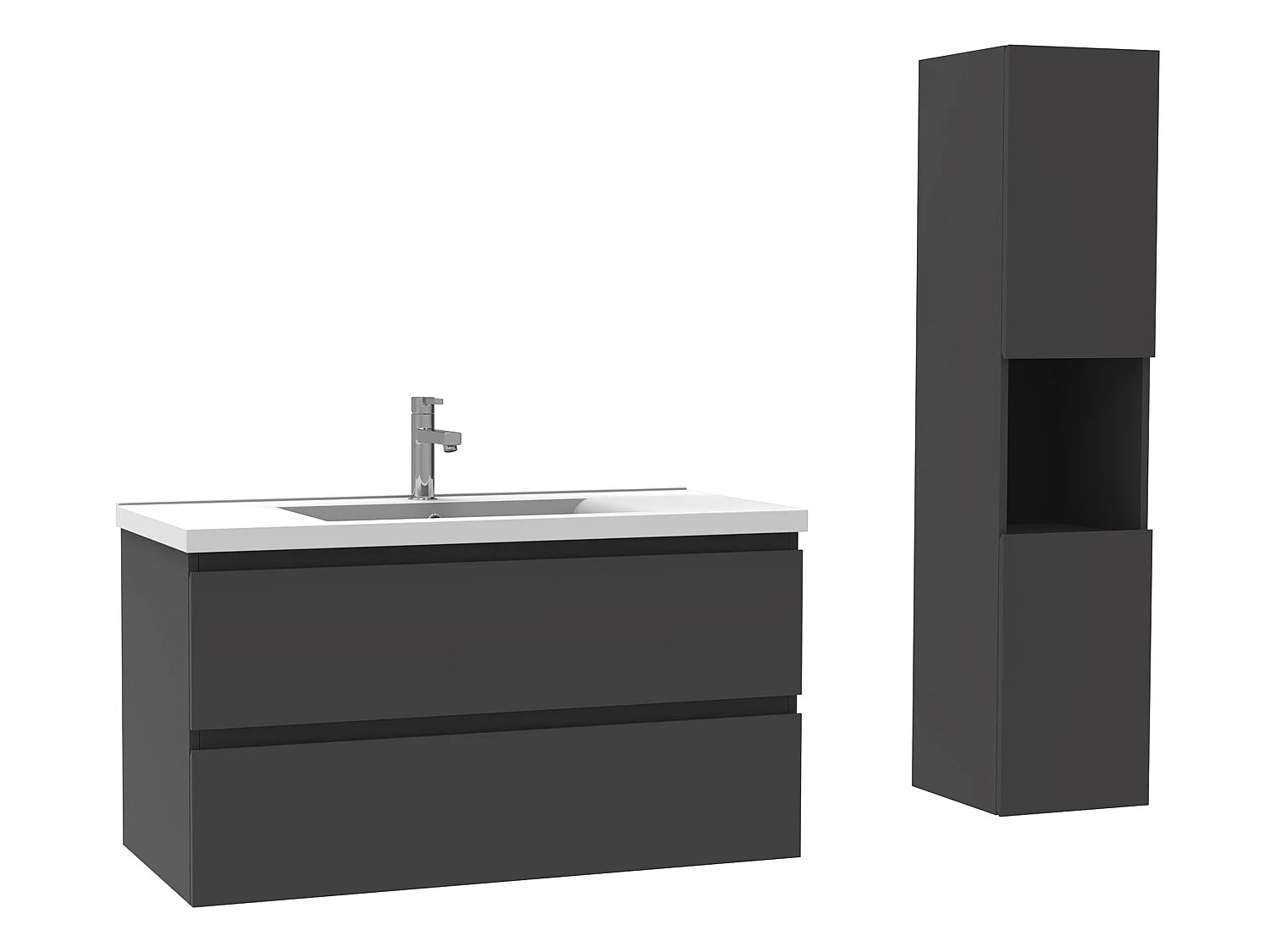 Ensemble Salle De Bain 100cm Anthracite meuble avec colonne vasque ceramique blanche 3 Éléments