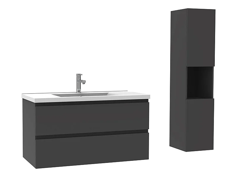 Ensemble Salle De Bain 100cm Anthracite meuble avec colonne vasque ceramique blanche 3 Éléments