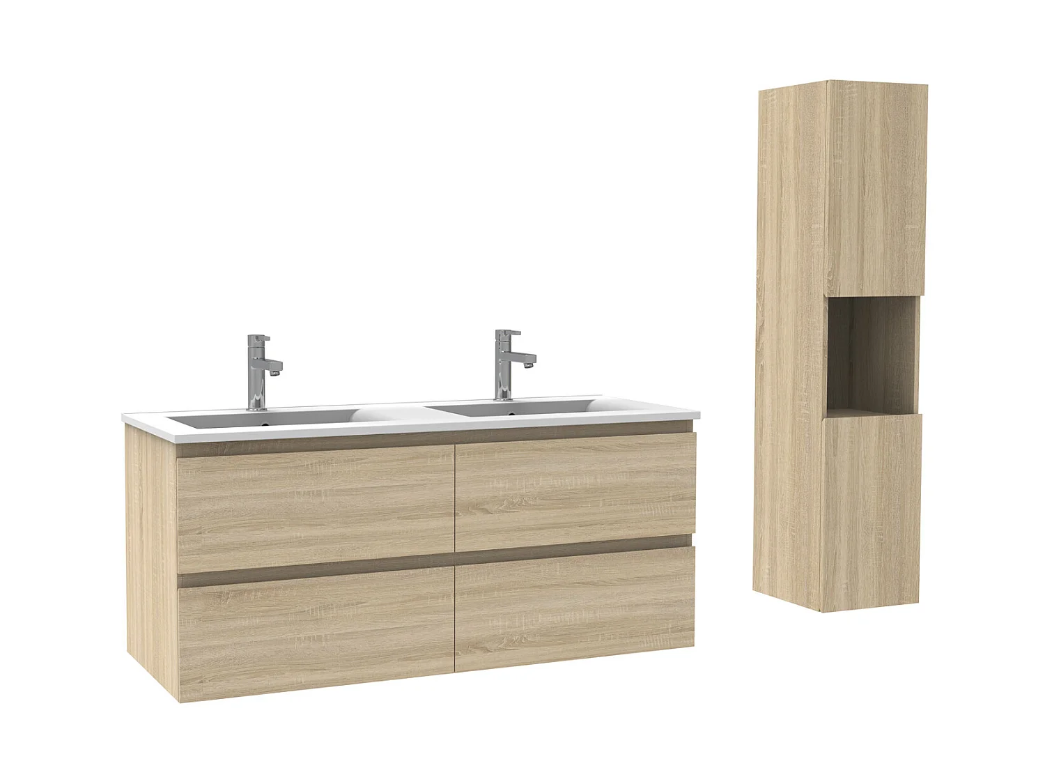 Ensemble Salle De Bain 120cm Chêne Wotan meuble avec colonne vasque ceramique blanche 3 Éléments
