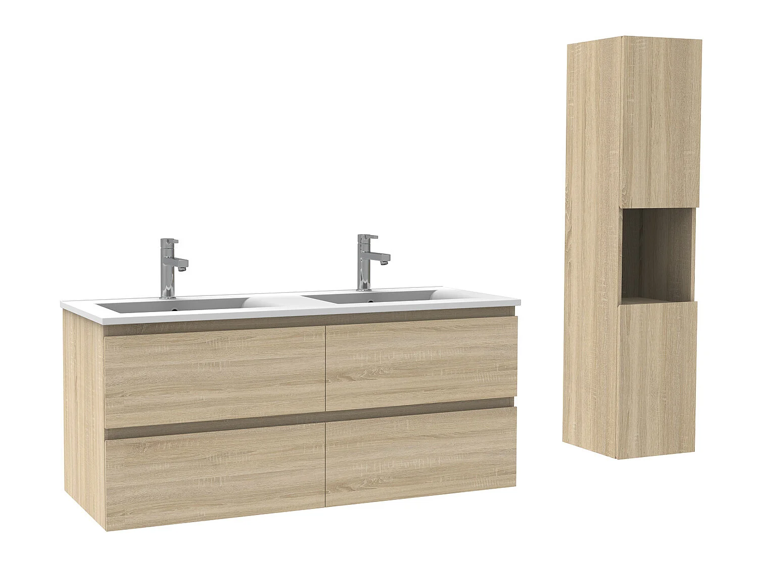 Ensemble Salle De Bain 120cm Chêne Wotan meuble avec colonne vasque ceramique blanche 3 Éléments