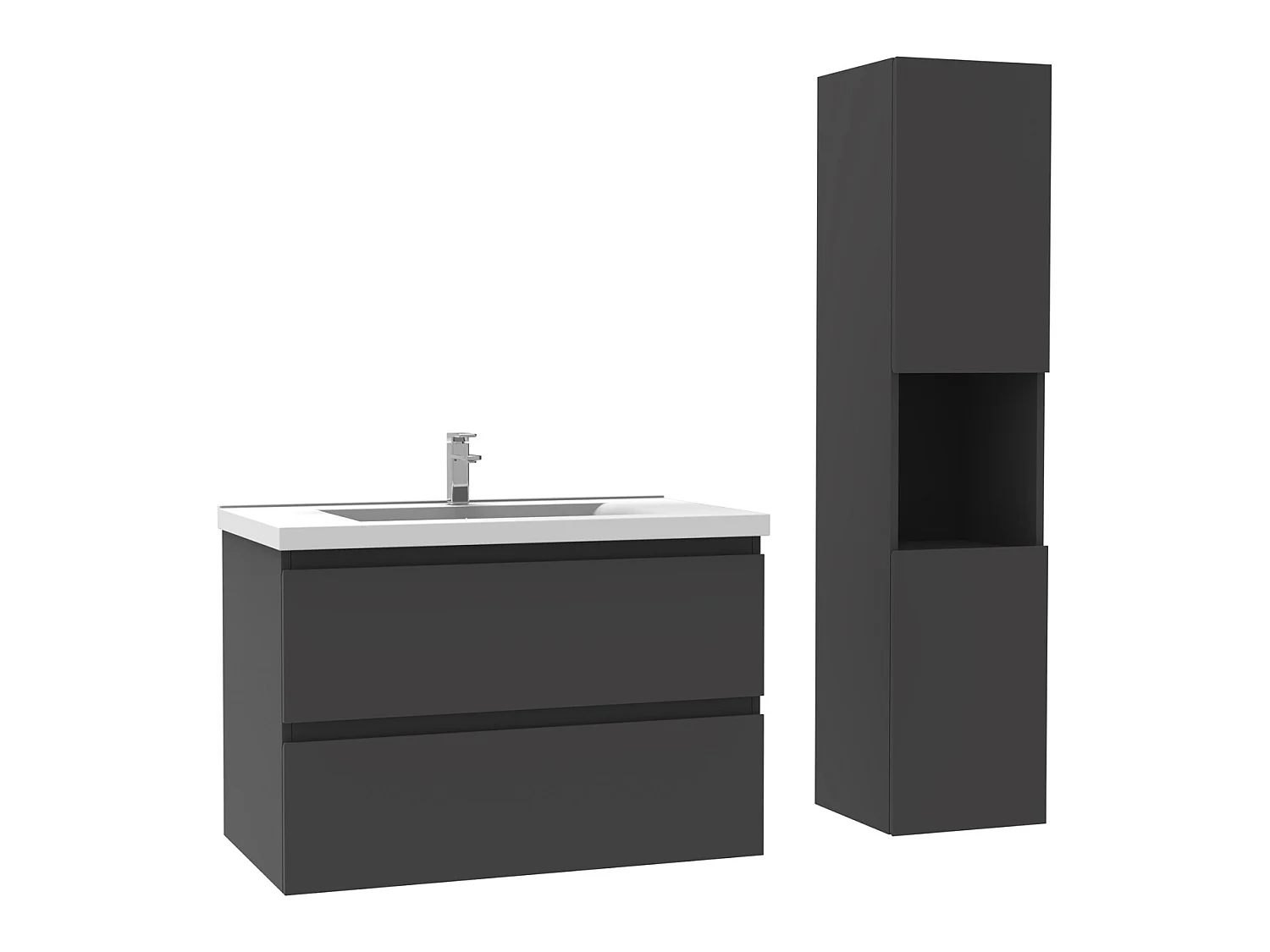 Ensemble Salle De Bain 60cm Anthracite meuble avec colonne vasque ceramique blanche 3 Éléments
