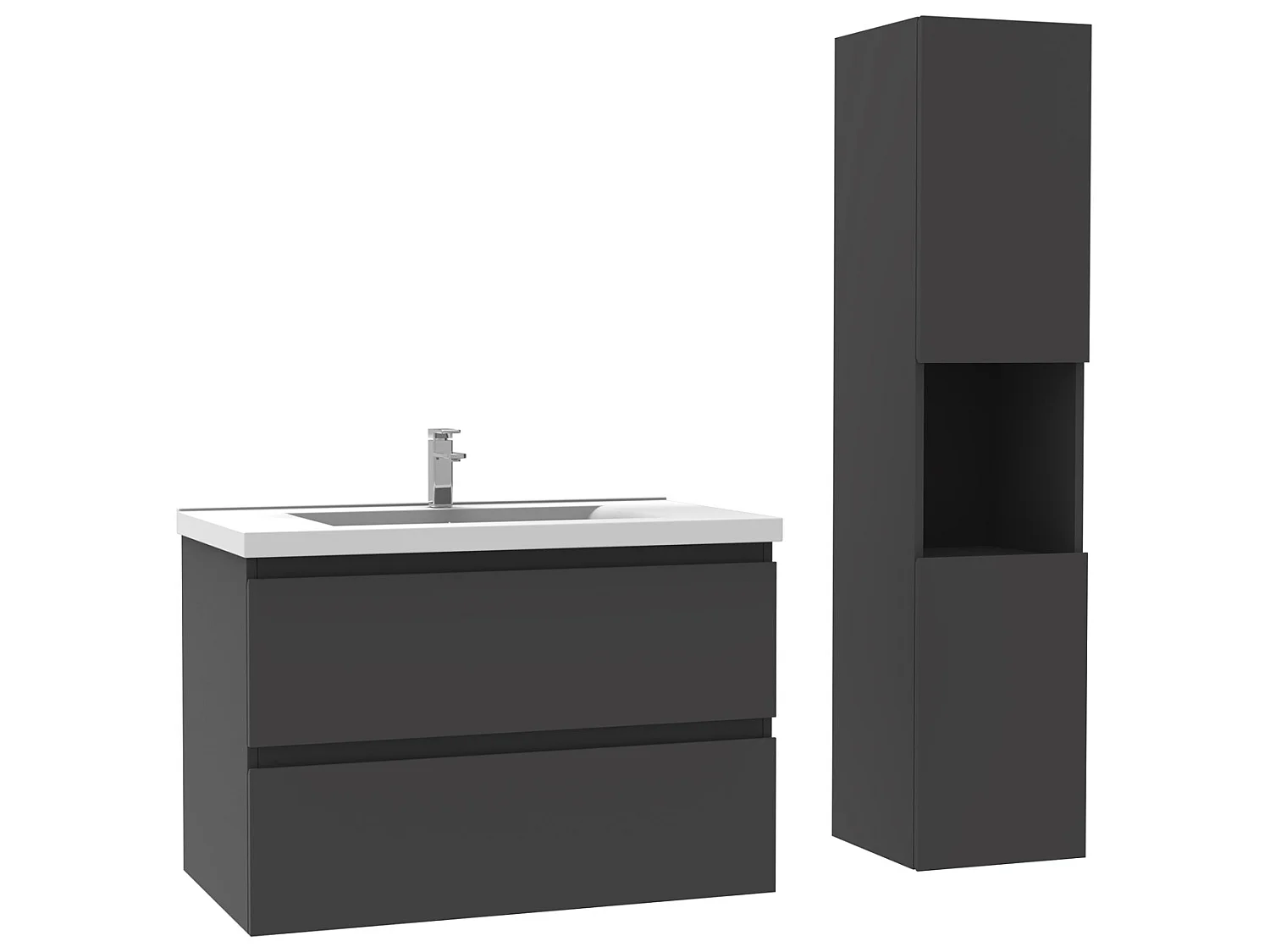 Ensemble Salle De Bain 60cm Anthracite meuble avec colonne vasque ceramique blanche 3 Éléments