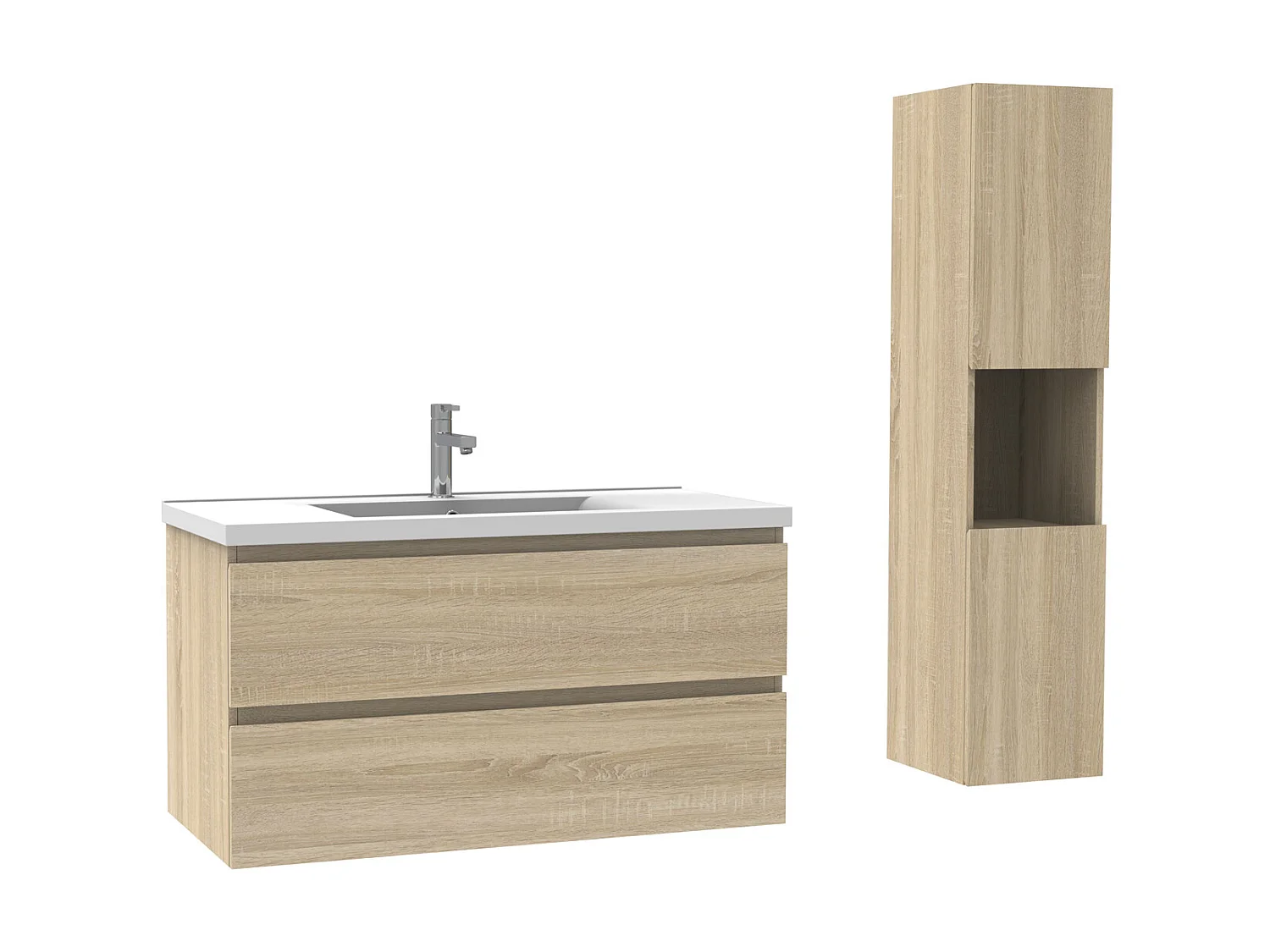 Ensemble Salle De Bain 100cm Chêne Wotan meuble avec colonne vasque ceramique blanche 3 Éléments