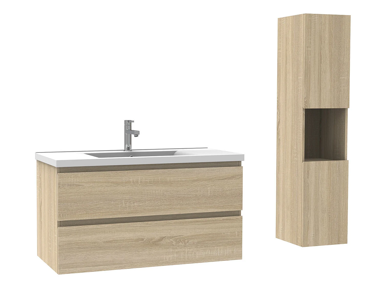 Ensemble Salle De Bain 100cm Chêne Wotan meuble avec colonne vasque ceramique blanche 3 Éléments