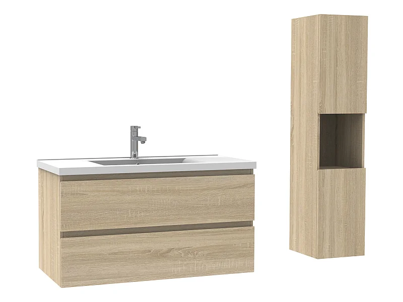 Ensemble Salle De Bain 100cm Chêne Wotan meuble avec colonne vasque ceramique blanche 3 Éléments