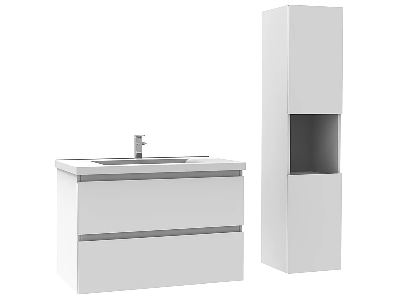Ensemble Salle De Bain 60cm Blanc meuble avec colonne vasque ceramique blanche 3 Éléments