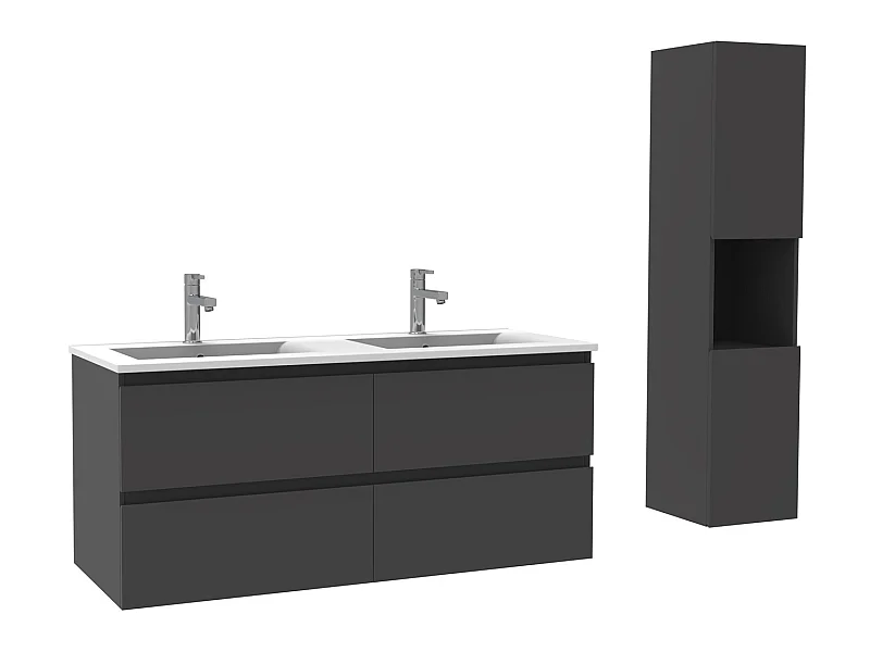 Ensemble Salle De Bain 120cm Anthracite meuble avec colonne vasque ceramique blanche 3 Éléments