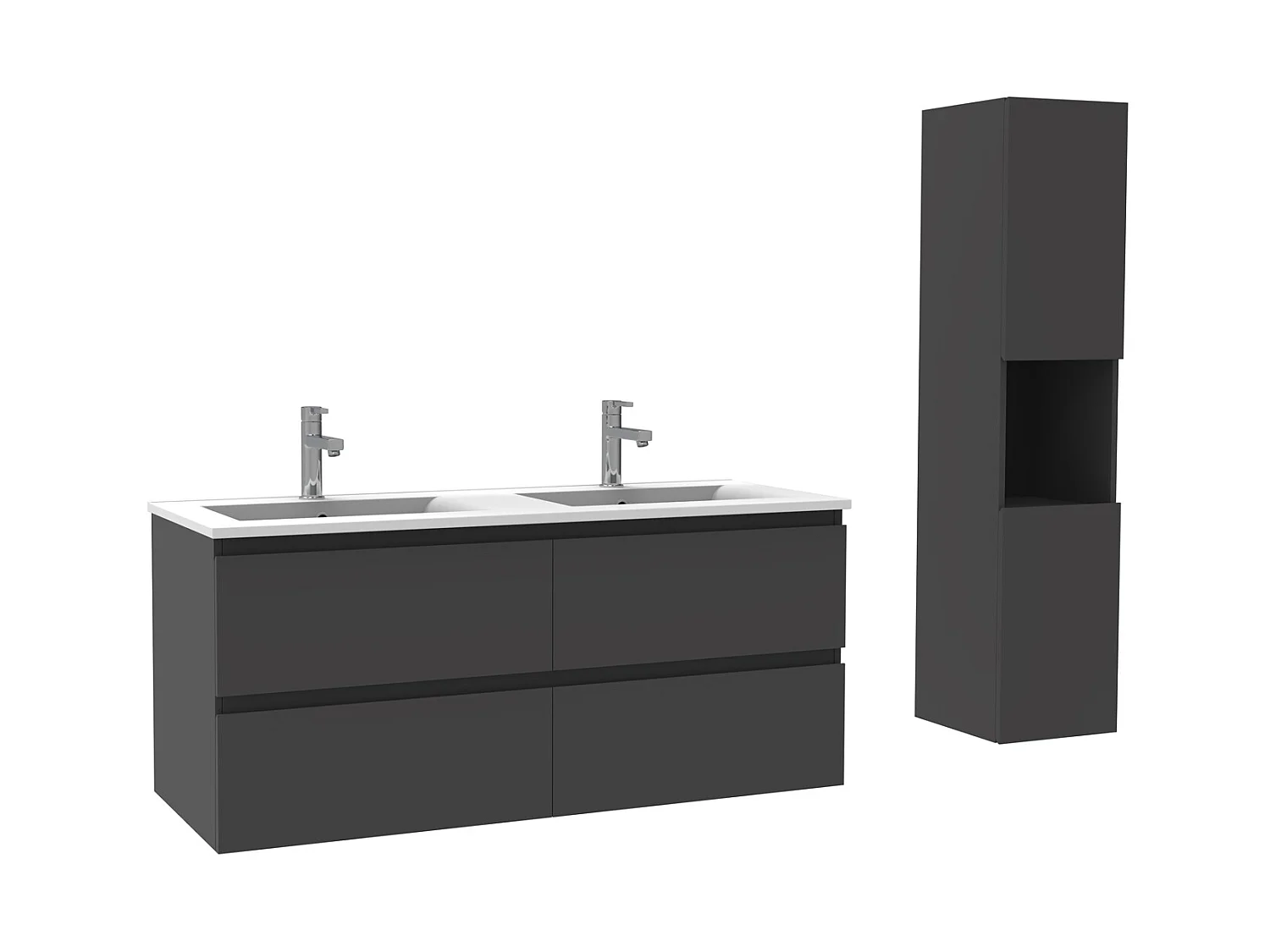 Ensemble Salle De Bain 120cm Anthracite meuble avec colonne vasque ceramique blanche 3 Éléments